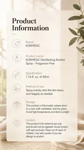 Detaillierte Produktspezifikationen für KORMESIC Desinfektionsalkoholspray in 50ml