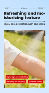 Detailed view of KORMESIC anti-mosquito spray showing fine mist and cooling protection