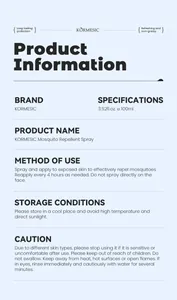 Detail sheet for KORMESIC Mosquito Repellent Spray showing usage and safety info.
