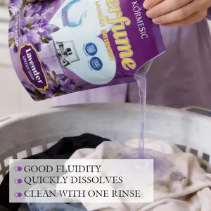 KORMESIC lavender perfume laundry detergent liquid poured into a white laundry basket