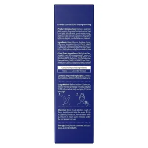 Gedetailleerde verpakking van lavendelslaapspray met gebruiksaanwijzing en ingrediëntenlijst.