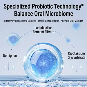 Wissenschaftliches Diagramm der Inhaltsstoffe von Probiotika-Mundwasser für die Mundgesundheit