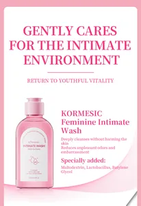 Détail du nettoyant intime féminin KORMESIC montrant les ingrédients et les fonctions