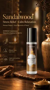 KORMESIC Sandalwood relaxation essential oil roll-on presented in a warm wooden scene.