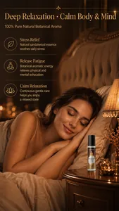 Woman sleeping calmly with KORMESIC Sandalwood Relax essential oil on nightstand.