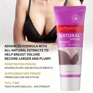 Detailed view of KORMESIC breast cream tube featuring firming ginseng extract formula