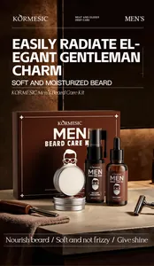 Gros plan du kit de soin barbe KORMESIC pour hommes avec huile et baume nourrissants