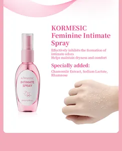 Gros plan du spray intime KORMESIC montrant l'effet sur la peau à l'extrait de camomille.