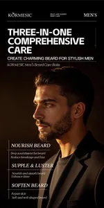 Détails du baume à barbe KORMESIC avec un homme à la barbe soignée et brillante en gros plan.