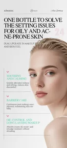 Model face close-up showing matte finish with KORMESIC 24H setting spray for oily skin