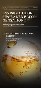 Macro view of Prunus Speciosa Flower Extract essence in a luminous golden bubble