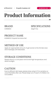 Detaillierte Produktspezifikationen und Gebrauchsanweisung für KORMESIC Propolis Feminine Gel.