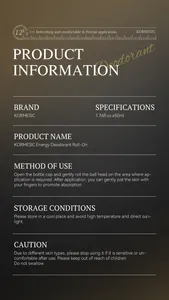 Detailed product specifications and usage instructions for KORMESIC Energy Deodorant Roll-On