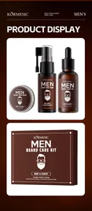 Vue détaillée du kit d'entretien de la barbe KORMESIC avec huile, sérum et baume