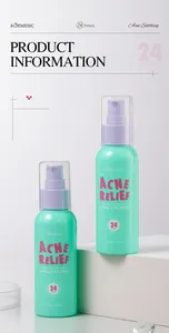 Detail shot of KORMESIC 24H acne relief makeup setting spray bottles on white stands.