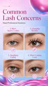 Infografica che mostra problemi comuni delle ciglia come grumi e sbavature per mascara
