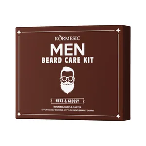 Coffret professionnel KORMESIC de soin de la barbe pour hommes dans un emballage marron chic.