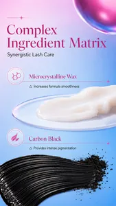 Dettaglio degli ingredienti del mascara con cera microcristallina e nerofumo intenso.