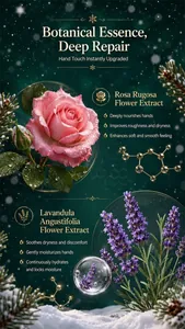 Détails des essences de rose et lavande dans une crème mains hydratante d'hiver