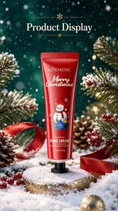 Crème mains bonhomme de neige Noël dans un décor de cadeau enneigé