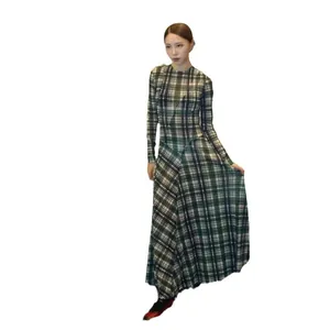 Vestido largo elegante de manga larga con estampado de cuadros verdes, corte ajustado