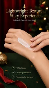 Zoom sur la texture soyeuse de la crème mains blanche aux propriétés hydratantes riches.