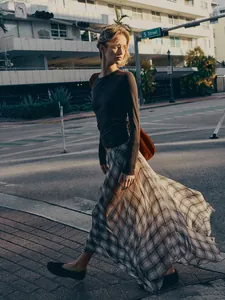 French Elegant Plaid Irregular Midi Skirt For Women Viscose Flowy Draping Brown Plaid Top And Bottom Casual Commute Skirt