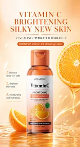 Close-up of Vitamin C exfoliating lotion bottle with fresh orange slices and water splashes