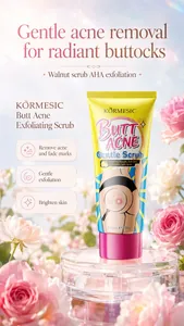 Detailed view of KORMESIC butt acne scrub tube in a floral garden setting