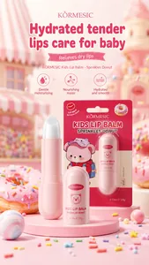 Detail view of KORMESIC kids lip balm with pink donut theme and cute bear packaging design.