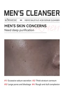 Detailed view of skin concerns for men's salicylic acid scrub facial cleanser product