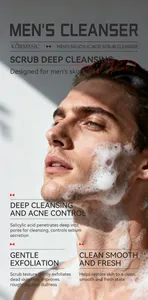 Macro detail of rich foam from Salicylic Acid scrub cleanser on male model's face
