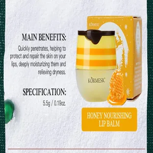 Close-up of KORMESIC honey lip balm 5.5g showing moisturizing benefits and Christmas box