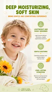 Detail of moisturizing baby calendula cream on child's face with soothing features