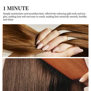 Detail zeigt glattes braunes Haar, das für einen 1-Minuten-Feuchtigkeitseffekt gekämmt wird
