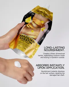 KORMESIC Brazilian Keratin Hair Mask cream texture on hand and golden pouch details.