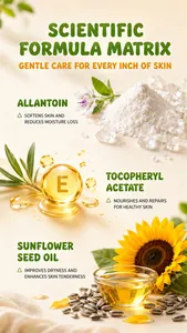 Detailed presentation of skincare formula with sunflower seed oil and vitamin E.