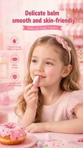 Close-up of a young girl applying KORMESIC moisturizing kids lip balm in a pink room.
