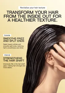 Macro detail showing KORMESIC protein hair mask application on damp hair for deep repair.