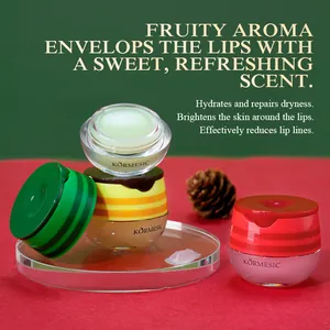 KORMESIC cherry hydrating lip balm jars featuring a fruity scent and creamy texture detail