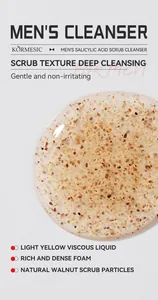 Macro view of men's salicylic acid cleanser showing natural walnut scrub particles