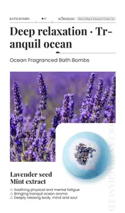 Vista detallada de la bomba de baño con aroma a océano, lavanda y extracto de menta