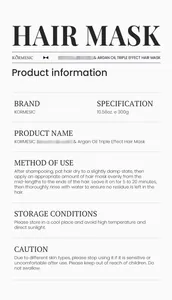 Detail showing KORMESIC triple effect hair mask usage instructions and specifications.