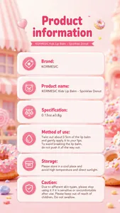 Detailed product specifications for KORMESIC kids lip balm in sprinkles donut scent