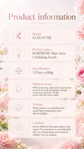 Detailed product specifications and usage instructions for KORMESIC Butt Acne Scrub.