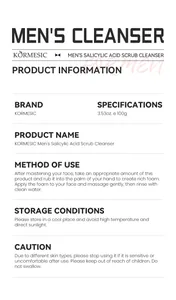Product information sheet for Kormesic Men's Salicylic Acid Scrub Cleanser 100g