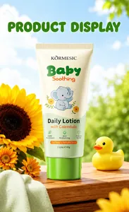 Detail of KORMESIC baby daily lotion with calendula in a bright outdoor setting