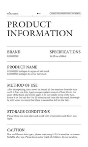 Detailed product information, usage instructions, and safety cautions for KORMESIC hair mask