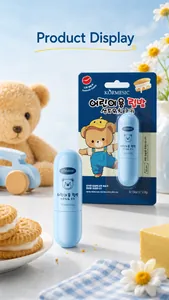 Close-up of KORMESIC children's moisturizing lip balm with cute cartoon bear packaging