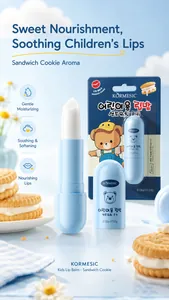 Detail view of KORMESIC kids lip balm tube and packaging with cookie scent theme